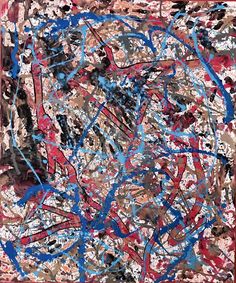 an abstract painting with blue and red paint