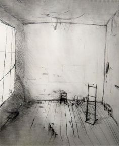 a drawing of an empty room with a chair