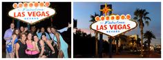 the las vegas sign is lit up at night and people are posing in front of it