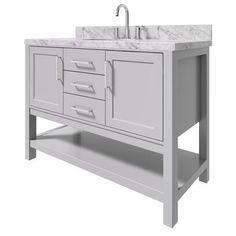 a white bathroom vanity with two sinks and drawers