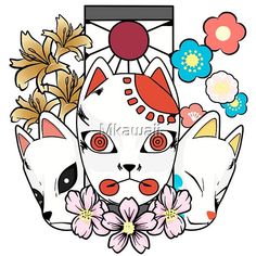 an image of a cat with flowers on it's head and two cats in the background