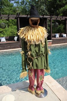 a scarecrow standing in front of a pool wearing a black hat and green shirt