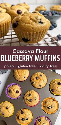 blueberry muffins are cooling on a rack and in the foreground, there is a muffin tin full of muffins