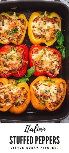 italian stuffed peppers in a baking dish with basil leaves on top and the title above it