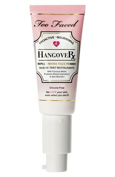 What it is: A replenishing face primer that hydrates, smoothes and brightens skin for a dewy, healthy-looking finish.What it does: Hangover is a revolutionary makeup primer infused with coconut water, probiotic-based ingredients and skin revivers that work together to boost skin’s radiance, promote elasticity, and help hydrate while locking down makeup for fresher, longer, more flawless wear. It was created to give you all the priming benefits you love while helping you look like you received ei Too Faced Primer, Primer For Dry Skin, Best Makeup Primer, Make Up Primer, Best Primer, Two Faced, Lip Injections, Love Your Skin, Skin Radiance