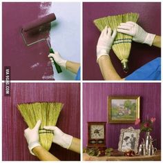 four pictures showing how to paint a wall with different colors and techniques, including brush