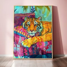 a painting of a tiger on a pink wall