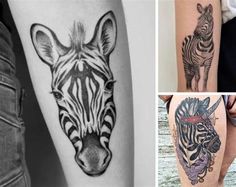 four different tattoos on the legs of people with zebras and giraffes