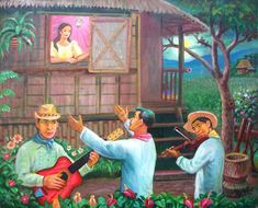 a painting of people playing instruments in front of a house with a girl on the porch