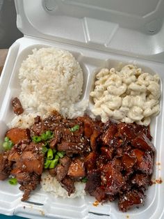 a plastic container filled with rice, meat and veggies on top of it