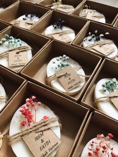 several boxes filled with different types of cakes in each one's own box and tied with twine