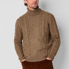 The classic, cozy design of this mutual weave men's turtleneck sweater makes it a versatile piece for the colder months. It features a cable-knit pattern, long sleeves and ribbed trims. Wear it with jeans or pants and boots. Closure Type: Pullover HeadFit: Regular FitNeckline: TurtleneckSleeve Length: Long SleeveApparel Length: 27.5 Inches - FrontFiber Content: 93% Nylon, 7% AcrylicCare: Tumble Dry, Machine WashCountry of Origin: Imported Casual Cable Knit Turtleneck, Casual Wool Turtleneck For Layering, Casual Cable Knit Turtleneck For Cold Weather, Long Sleeve Cable Knit Turtleneck For Layering, Casual Beige Turtleneck, Cable Knit Long Sleeve Turtleneck For Layering, Casual Wool Long Sleeve Turtleneck, Brown Cable Knit Long Sleeve Top, Brown Long Sleeve Cable Knit Top