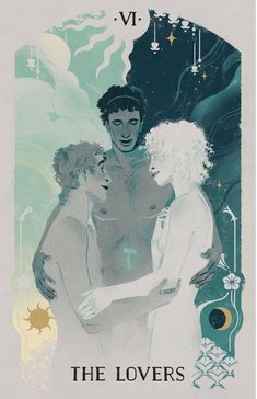 the lovers tarot card with three women embracing each other and two men standing next to one another