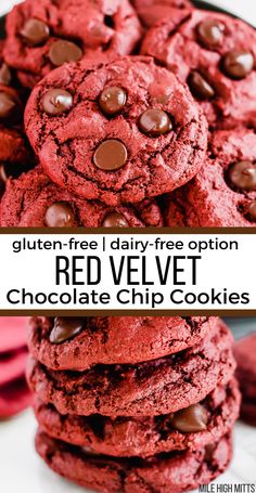 red velvet chocolate chip cookies stacked on top of each other with the words gluten free dairy - free option