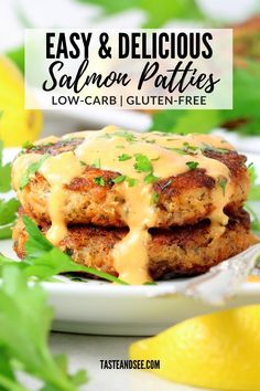 low carb easy salmon patties on a plate with lemons in the background