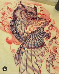 an owl tattoo design on the back of a woman's stomach, with flowers and swirls around it