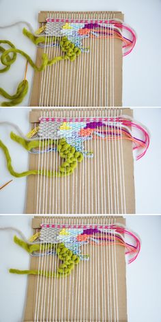 two pictures showing how to make a loom with yarn