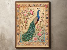 a painting on the wall with a peacock and flowers in it's frame,