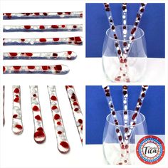 four different types of plastic straws in a glass with red and white polka dots