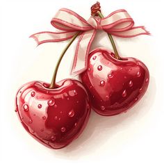 two red cherries tied with a bow and sitting next to each other on a white surface