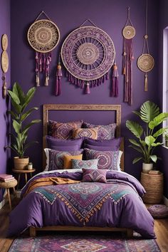 Purple Room Ideas For Adults, Boho Purple Bedroom, Colorful Bohemian Bedroom Decor, Purple Boho Bedroom, Bedroom Inspirations Aesthetic, Boho Style Bedroom Decor, Small Bedroom Colours, Magical Bedroom, Inspiration Wall Art