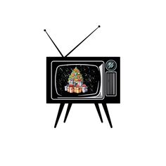 an old fashioned television with christmas decorations on the front and side, in black against a white background