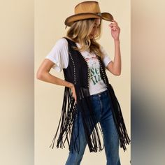 Studded Long Fringe Faux Suede Vest Perfect For All Western/Rodeo Events Long Fringe Open Front Faux Suede 90% Poly, 10% Spandex Western Fringe Vest, Fitted Sleeveless Vest With Fringe, Brown Bohemian Fringe Vest, Suede Fringe Vest, Black Long-sleeved Outerwear With Tassels, Faux Suede Vest, Rodeo Events, Long Fringes, Front Open