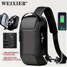 the back pack has an external charger and is attached to it with a cell phone