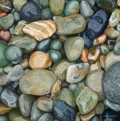 some rocks and stones are arranged together in a black framed frame on a white wall