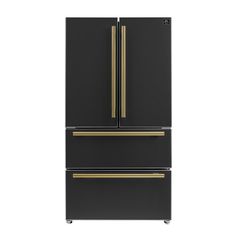 a black refrigerator freezer with gold trimmings on the doors and bottom drawer