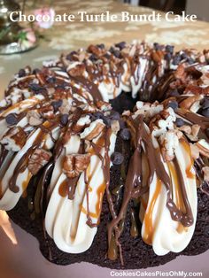 a chocolate turtle bundt cake with white frosting and chopped pecans on top