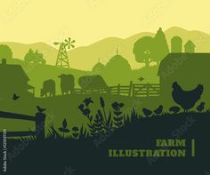 an image of farm scene with animals in the field at sunset or sunrise, eps file available