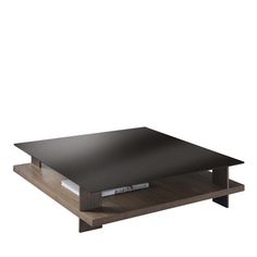 a coffee table with a black top and wooden shelf on the bottom that has a magazine rack underneath it