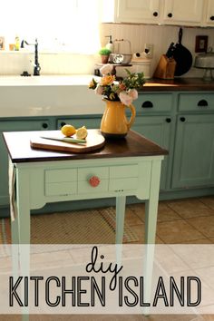 a kitchen island with flowers on it in front of a sink and counter top that says lily kitchen island