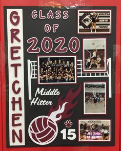 a bulletin board with photos and words on it that says class of 2020 middle hitter