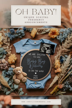 a baby announcement with flowers and a teddy bear on the front, surrounded by other items