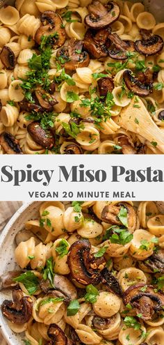 pasta with mushrooms and parsley in a white bowl