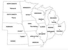 a map of the united states with names and major cities in each state on it