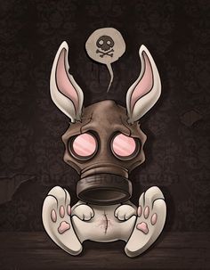 a cartoon character wearing a gas mask and bunny ears, sitting on a table with a skull in the background