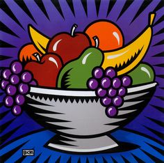 a painting of fruit in a bowl on a purple background