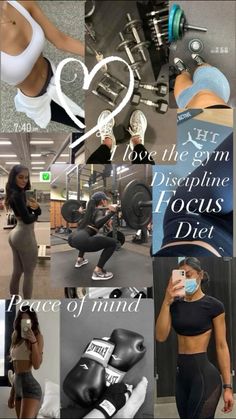 a collage of photos with the words, i love the gym and posing for focus diet