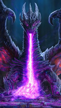 a dragon with purple and red lights on it's wings, standing in front of a