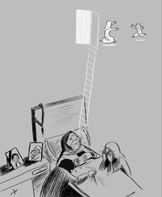 a black and white drawing of a woman laying in bed with a ladder above her head