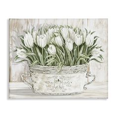 a painting of white tulips in a silver pot on a wooden table top