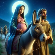 a nativity scene with the baby jesus riding on a donkey next to an adult