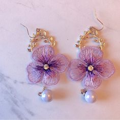 Purple Fabric Flower Earrings Metal Ivy Lilac Lavender