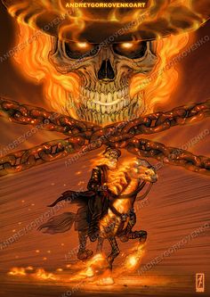 a skeleton riding on top of a horse in front of a fire and flames background