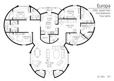 the floor plan for an apartment in europe with three circular rooms and two living areas