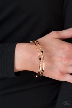 BRIGHT Here BRIGHT Now Gold - Paparazzi Accessories Black Bangle, Emerald Style, Choker Necklace Designs, Gold Mangalsutra Designs, Jewelry Bracelets Gold, Gold Rings Jewelry, Bangles Jewelry Designs