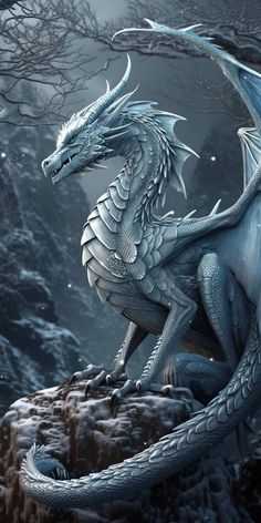 a white dragon sitting on top of a rock